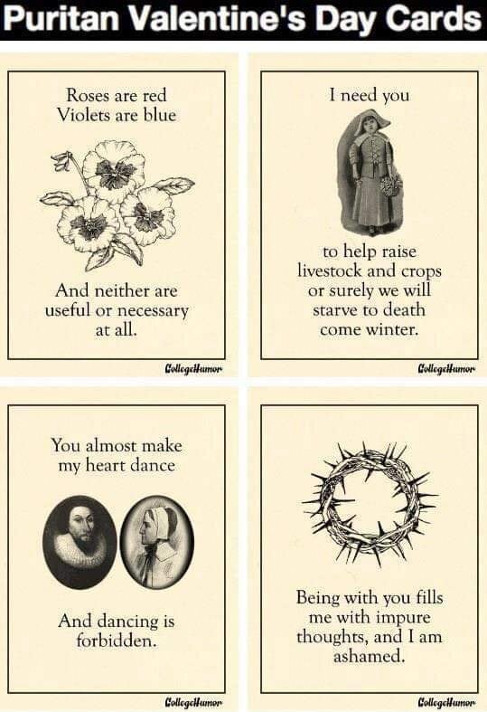 Quaker/Puritan Valentine's Day Cards